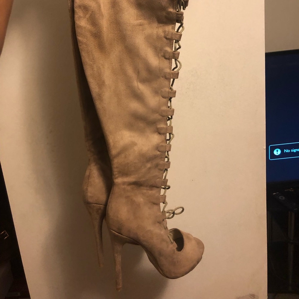 Thigh high lace heels